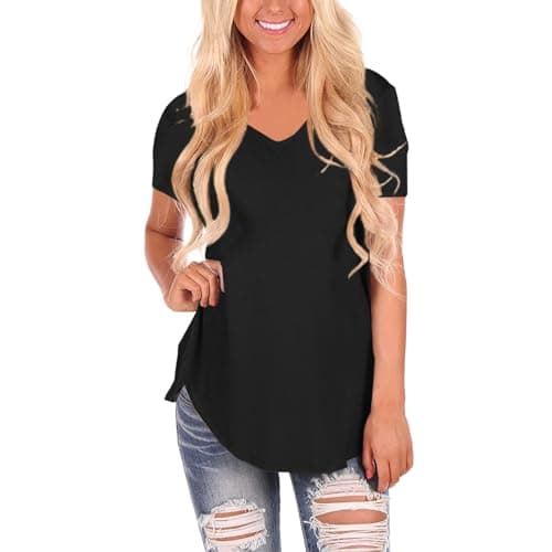 Image of Women's Summer Oversized Shirts Casual V Neck Short Sleeve Long Tee Shirts Plus Size Solid Color Vacation Beach Tops 2025 Fashion Clothes Black