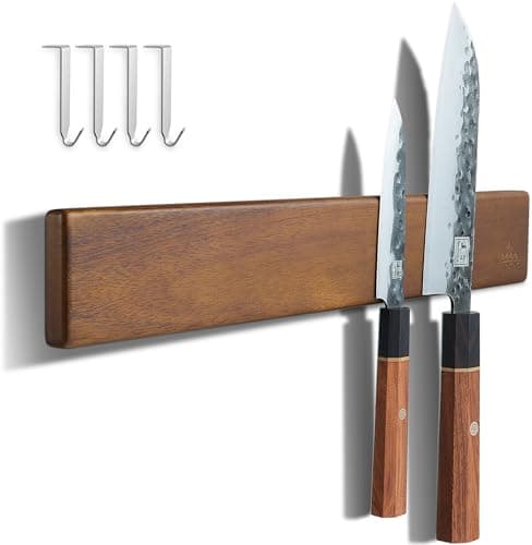 Image of ENOKING Magnetic Knife Holder for Wall, Knife Magnetic Strip No Drilling 40 cm, Powerful Magnetic Kitchen Knife Holder, Acacia Wood Wall Knife Holder Magnet Magnetic Knife Bar with 4 Hooks