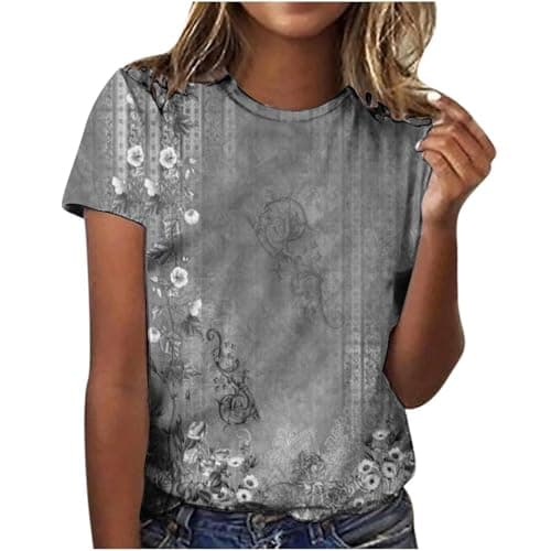 Image of 2025 Casual T Shirts Fitted Loose Tunnic Basic Tee Summer Tops for Women UK 2025 Casual Print Short Sleeve Tops Crew Neck Blouse and Shirts Loose Fit Women T Shirts Shirt Womens Plus (Grey, XXL)
