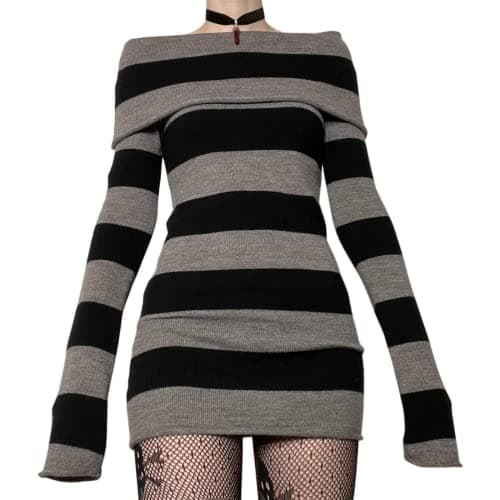 Image of Womens Y2K Striped Knit Dress Gothic Shift Dress Vintage Bodycon Dress Long Sleeve Shoulderless Boat Neck Mini Knit Dress Party Dress Colour Block Stripe Sweater Dress Tunic Dress Streetwear