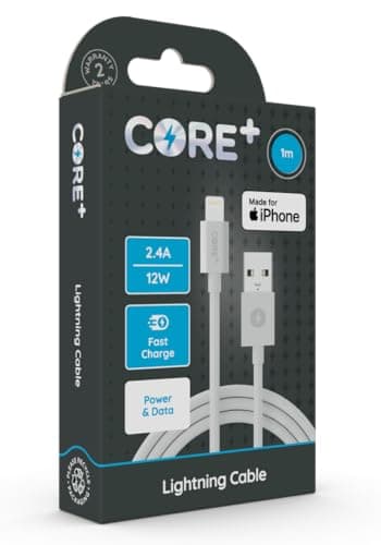 Image of CORE + | 1M 8-Pin to USB A iPhone Charger Cable 2.4A 12W | Fast Charging | Compatible with iPhone, iPad, Airpods + Pro Max | iPhone 15, 14, 13, 12, 11, 10, SE & All Models 5+ (1 x 1M 12W MFI Approved)