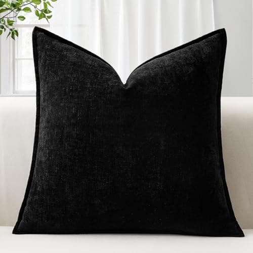 Image of Sungeek Soft Chenille Cushion Cover 50x50cm Square Decorative Throw Pillow Cover with Stitched Edge Solid Dyed Pillow Case Cover for Home Decor Couch Sofa Bed Living Room, Black