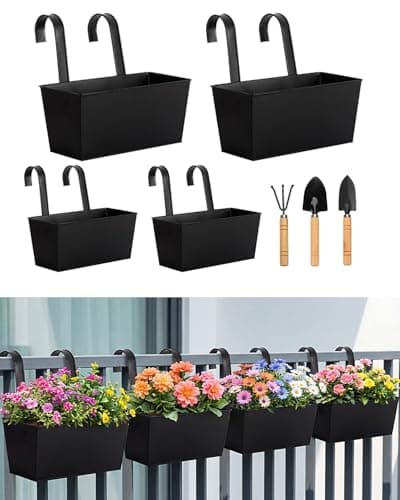 Image of 4 Pack Metal Hanging Flower Pots, Balcony Planters for Railing, Iron Hanging Plant Pots for Fence, Railing & Balcony, Includes 3-Piece Mini Garden Tools Set, Black
