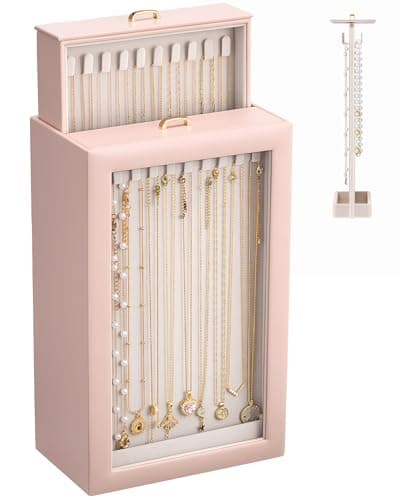 Image of Lolalet Upgraded Double-Sided Hanging Necklace Organizer Box, Jewellery Display Case with Double-Sided Clear Window for Necklaces Bracelets, Tangle-Free Necklace Storage Box -Pink, 2-Layer 40 Hooks