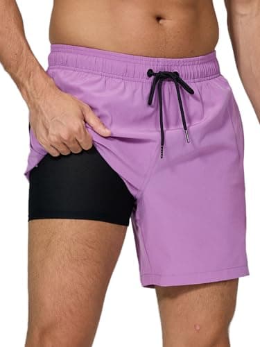 Image of Arcweg Men's Swim Trunks Mens Swimming Shorts with Compression Liner Quick Dry Stretchy 2 in 1 Board Shorts with Zipper Pockets Light Purple L（UK