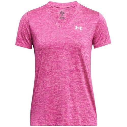 Image of Under Armour Women's Tech Short Sleeve V-Neck Twist, Comfortable Women's T-Shirt, Versatile Gym Top for Sports, Training and Casual Wear,Super Pink / / White,LG