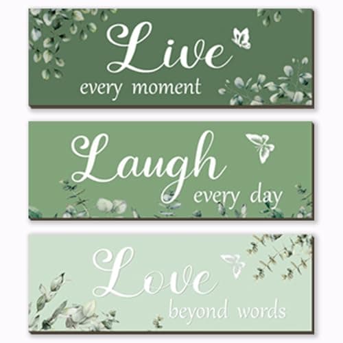 Image of FENCORDAR 3 Pieces Sage Green Living Room Decor Green Room Decor Love and Laugh Quote Sign Sage Green Wall Decor for Home Office Wedding Kitchen Living Room Bedroom Bathroom(Green, 12x4Inch)