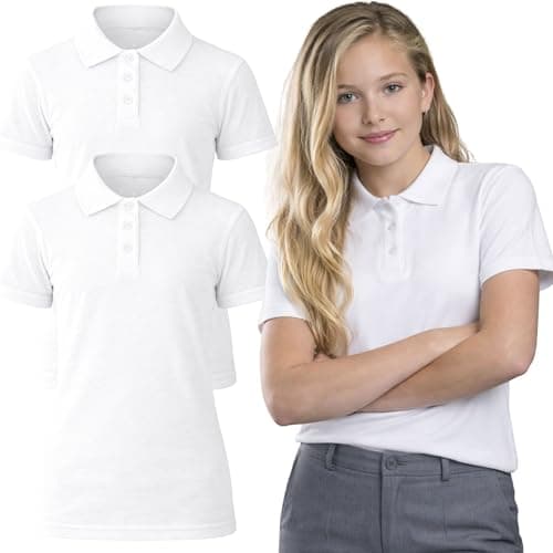 Image of Panzy 2 Pack Girls Plain 100% Cotton Polo Shirts Children School T-Shirt Uniform Summer Ages 3-10 Years (UK, Age, 9 Years, 10 Years, Regular, White)