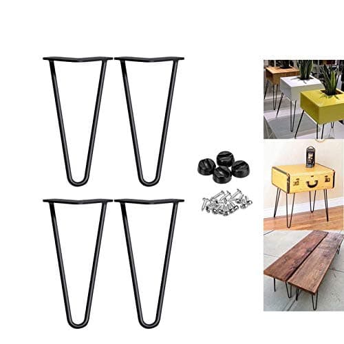 Image of 10 inch Metal Table Legs 25cm Hairpin Leg Black 2 Rod 10mm Mid Century Modern Industrial Style for Coffee Tables Bench Desk Leg DIY Furniture w/Protector Feet & Screws (Set of 4)