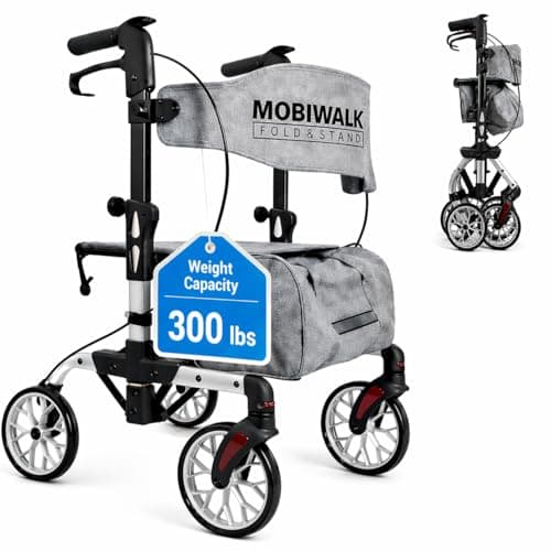 Image of MobiWalk Fold & Stand Rollator Walker with Seat for Elderly & Adults | Lightweight Aluminium Folding Rollator | 8 Inch Wheels, Adjustable Height, Storage Bag, Cane Holder, 136 kg / 300 lbs