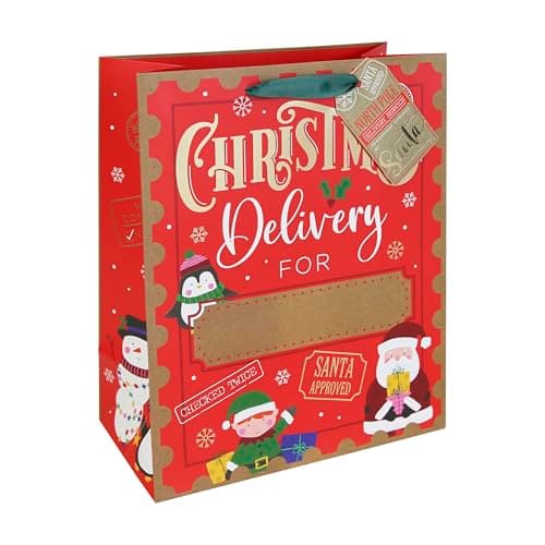Image of Eurowrap Christmas Delivery Large Gift Bag with Personalised Stickers – Festive Santa & Penguin Design – Green Ribbon Handle – Recyclable Paper Bag for Xmas Presents