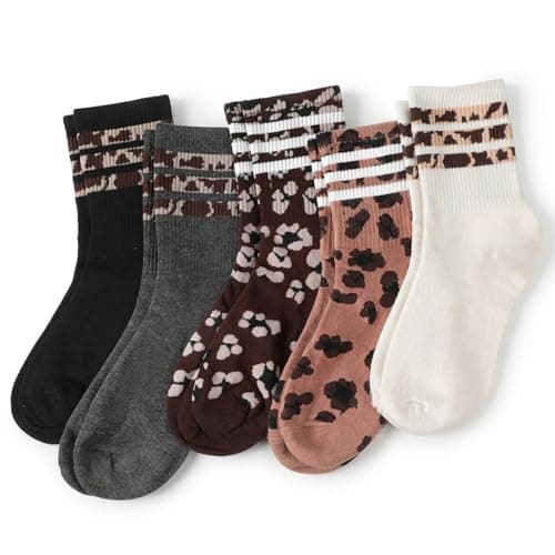Image of XLIUAX 5 Pairs Leopard Print Socks, Soft Novelty Leopard Animal Motif Crew Sock, Breathable Cotton Casual Sock, Fun Animal Print Socks for Women Gifts Everyday Home Hiking (b)