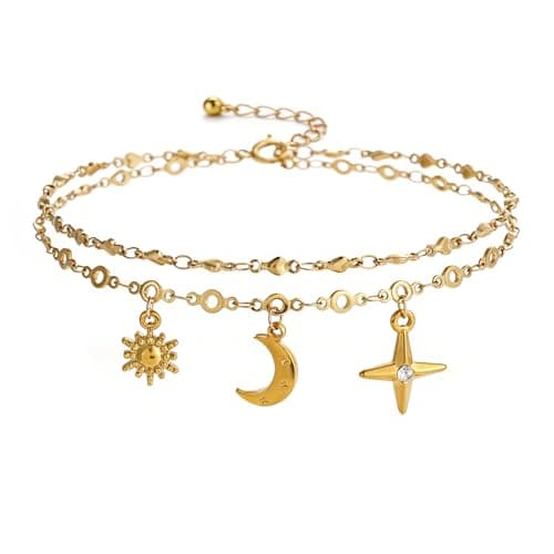 Image of Kovonchy Ankle Bracelets for Women Sun Moon Star Charms Stainless Steel Waterproof Dainty Layered Beach Summer Anklet Jewelry