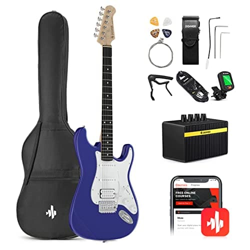 Image of Donner 39 Inch Electric Guitar Beginner Kit Full Size Purple Sapphire Blue HSS Pick Up Starter Package with Amp Online Lesson Bag Tuner Capo Strap String Cable Picks DST-100L