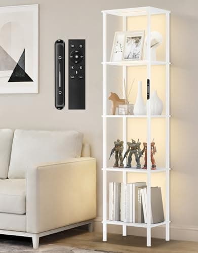 Image of OUTONLIFE 5 Tier Tall Display Shelf with LED Lights, Touch & Remote Control, Dimmable Display Cabinet, Open Bookshelf with 3 Color Temperature, Timer for Living Room, Bedroom, Home Decor(White)