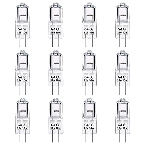 Image of Caldarax 12 Pack G4 Halogen Light Bulbs 10W 12V Dimmable, Clear Capsule 2 Pin Lamp Bulb, 2700K Warm White, 140 Lumen, G4 Halogen Pin Base Bulbs, for Ceiling Light, Table Lamps, Cabinet Lighting