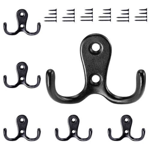 Image of Gorffy Door Hooks 6PCS, Retro Black Double Heavy Duty Metal Coat Hook with 24 Screws for Hanging, Robe, Towel, Coat, Bag & Hat (Black, 6PCS)