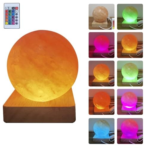 Image of YZYOE USB Colour Gradient Himalayan Salt lamp, Solid Wood Base Atmosphere Decoration Rotundity Salt lamp with Remote Control, Natural Crystal Stone Bedside Night Light, Handmade Crafts.