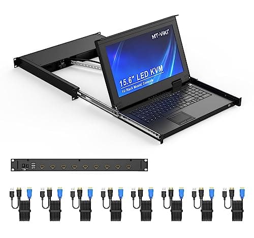 Image of 15.6" LCD KVM Console 8 Port HDMI, MT-VIKI 8x1 KVM Switch Drawer Rackmount For 1U 19" Rack + 8-pack KVM Cables + UK Power Supply