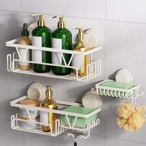 Image of ZUNTO Wall-Mounted Shower Caddy with Strong Suction Cups, White Bathroom Suction Storage Organizer, Multi-Purpose Kitchen Shelf with Hooks, Waterproof Quick-Drying Rack for Toiletries, Reusable