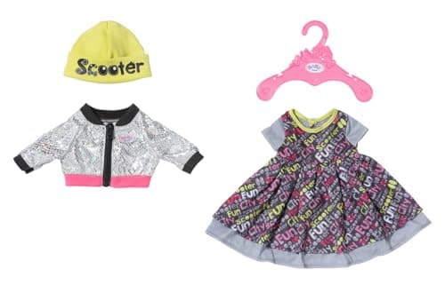 Image of BABY born E-Scooter Outfit-Set für 43 cm Puppen mit buntem Puppenkleid, Jacke und Mütze, 837672 Zapf Creation