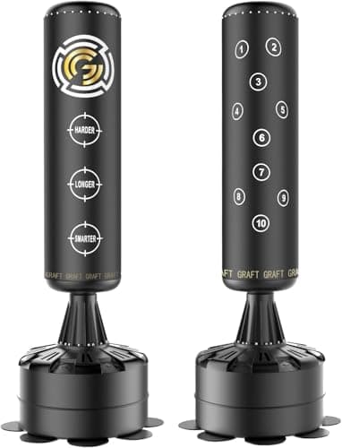 Image of GRAFT 6FT Free Standing Punch Bag – Heavy Duty Freestanding Boxing Bag with Pedestal Base for Kickboxing, MMA, Martial Arts & Muay Thai, Shock Absorbing Punching Bag for Home Gym (Black/Gold, 6FT)