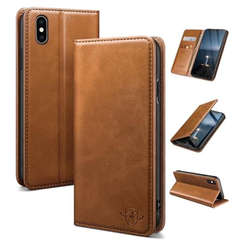 Image of SUANDUCK for iPhone XS Max 6.5" mobile phone case magnetic leather flip case with RFID-blocking card compartment, adjustable stand and 360° drop protection with Apple XS Max Light Brown