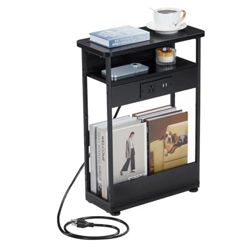Image of YEAKOO Narrow Side Table With Charging Station, 3 Tier End Table with 2 USB Ports & Power Outlets,Slim Sofa Side Table for Narrow and Small Spaces, Bedside Table Nightstand for Living Room,Black
