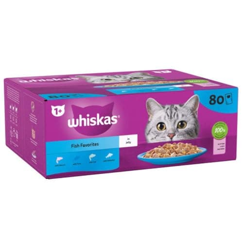 Image of whiskas 1+ Fish Favourites Adult Wet Cat Food Pouches in Jelly 80 × 85g Pouches (1+ Fish Favourites)