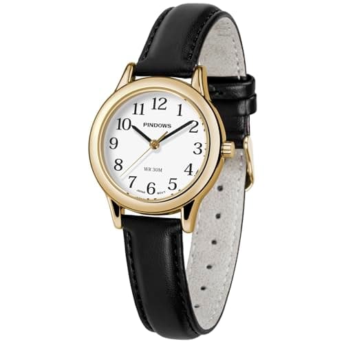 Image of PINDOWS Minimalist Watches for Women, Gold-Tone Case with Black Leather Strap, Fashionable, Everyday Elegant Quartz Analog Dress Watch