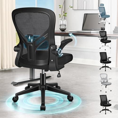 Image of ELFORDSON Ergonomic Office Chair, Adjustable Lumbar Support Desk Chairs for Home Office, Mid-back Swivel Mesh Computer Chair with Flip-up Armrests, Tilt Function, Black