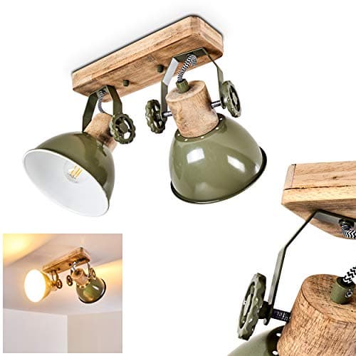 Image of Orny Ceiling Light, Metal/Wood Ceiling lamp in Green/White/Brown, 2-Flame, with Adjustable spotlights, 2 x E27 Socket, Retro/Vintage Design Spotlight, Bulbs not Included