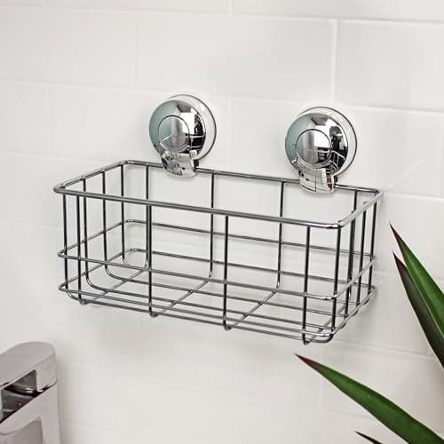 Image of Showerdrape Suctionloc Chrome Steel Suction Wall Mounted Bottle Basket with Mounting Discs