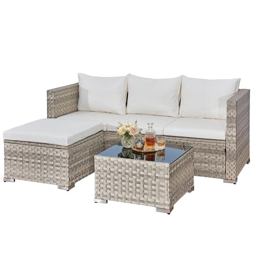 Image of Aweather 3 Pcs Rattan Garden Furniture Set - 4 Seater Outdoor Corner Sofa, All-Weather Handwoven PE, Small Patio Conversation Set with Washable Cushions & Coffee Table, Outdoor Patio Furniture