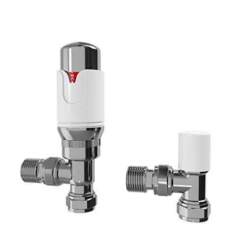 Image of iBathUK Equa Thermostatic Wall/Floor Mounted Angled Radiator Valve TRV with Lockshield, Modern Brass Build Universal Fit Radiator Valves for Panel Towel Designer Radiators in White/Chrome, 15mm