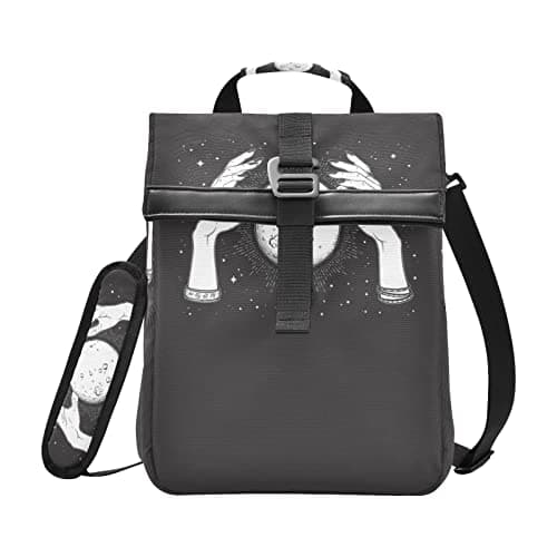 Image of Black White Full Moon with Rays in the Hands of Fortune Teller Leakproof Insulated Lunch Bag, Cooler Lunchbox Bag Reusable Tote, Crossbody Lunch Box with Adjustable Detachable Shoulder Strap