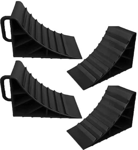Image of HowseHold Wheel Chocks With Handles Set of 4 Tyre Saver Brake Stoppers Ridged Wedges for Cars Caravan Horsebox Motorhome (4 Black Wheel Chocks)