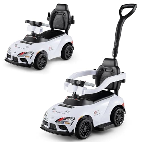 Image of COSTWAY 3 in 1 Ride on Push Car, Licensed Toyota Stroller Sliding Walking Car with Handle, Music, Safety Guardrail & Under-Seat Storage, Toddler Foot to Floor Slider for Boys Girls 1.5-5 Years (White)