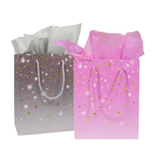 Image of 2 Pack Gift Bags with 4 Tissue Paper, Small Medium Gift Bag for Present, Birthday Gift Bag for Women, Wedding, Baby Shower, Graduation Party, Bridal Shower(Purple, Grey)