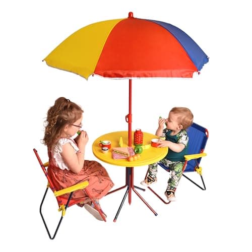 Image of Relsy Kids Patio Set Multicoloured Childrens Garden Furniture - 2x Folding Chair, Collapsible Picnic Table, Folding Parasol - 4-Piece Kids Garden Table & Chairs