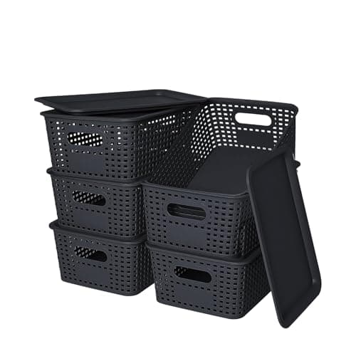 Image of Plastic Storage Baskets with Lids, Stackable Storage Boxes with Handle Cupboard Organiser, Small Storage Bins for Bathroom Kitchen, Storage Organiser Boxes for Shelves Drawers Desktop 6 Pack Black