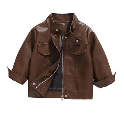 Image of Slxbear Toddler Faux Leather Motorcycle Jacket Bomber Coat With Zipper Pockets For Boys Girls Motorcycle Jacket Warm Winter Coat Windproof Autumn Outerwear Windbreaker #01Brown 6-7 Years
