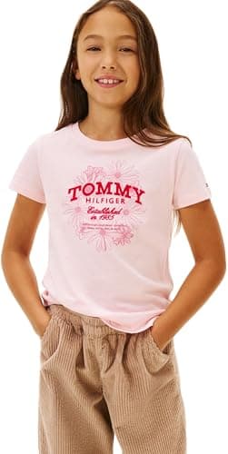 Image of Tommy Hilfiger Girl's Tommy Flock Flower TEE SS KG0KG09257 S/S T-Shirt, Pink (Duchess Pink), 3 Years