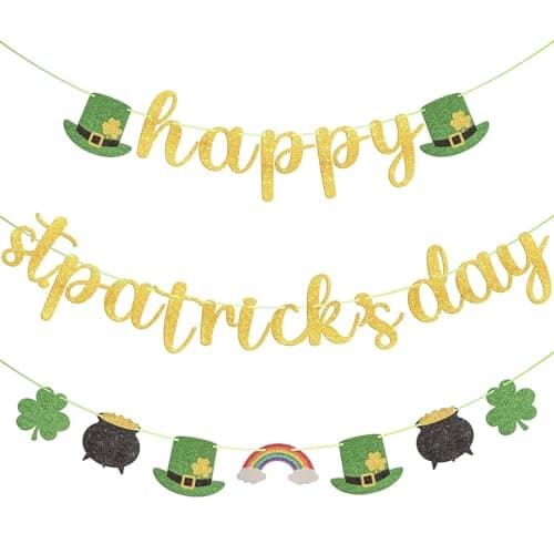Image of 3PCS St Patricks Day Banner Decorations Glitter Happy St Patrick'S Day Bunting with Shamrock Leprechaun Hat Rainbow StPatricks Day Accessories Irish Party doorway & photo Backdrop Decorations