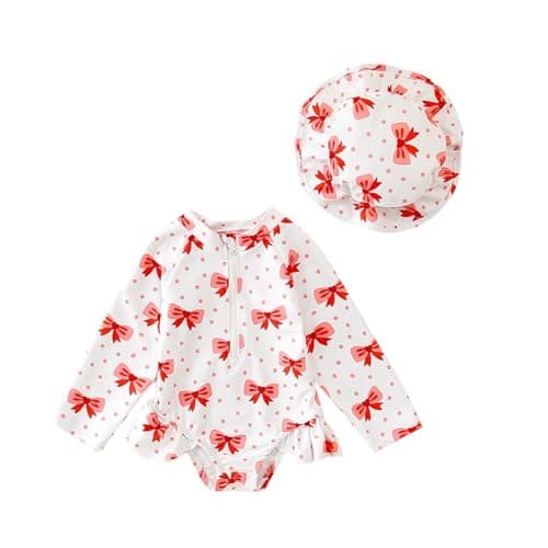 Image of Nicoxijia Baby Girls Long Sleeve One Piece Swimming Costume Zipper Swimsuit Swimwear Bathing Suit Rash Guard with Sun Hat Set (White, 12-18 Months)