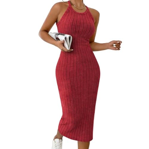 Image of Jersey Dresses for Women UK Summer Halter Neck Sleeveless Maxi Dress Ladies Casual Beach Holiday Boho Knitted Sundress Comfy Solid Color Ribbed Knit Jumper Dresses Backless Slim Fit Sexy Bodycon Red
