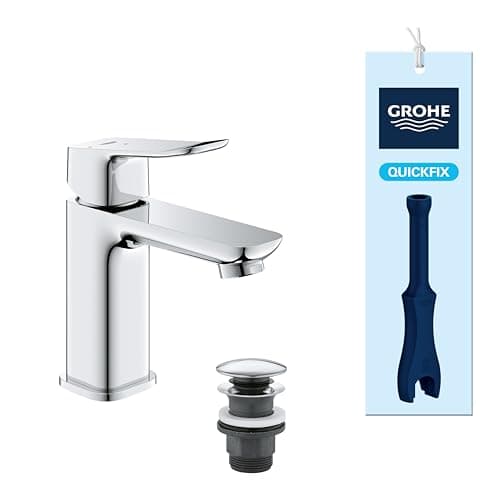 Image of GROHE Dice Lever Basin Mixer Tap with Pop-Open Waste Set (S-Size 152 mm, 28 mm Ceramic Cartridge, Water & Energy Saving, Tails 3/8 Inch, Easy to Fit with the Included QuickTool), Chrome, 1018610000