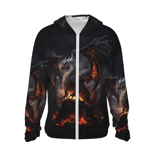 Image of Zip Up Hoodie for Men Women - fire Black Dragon Long Sleeve Hooded Sun Shirt Men Women with Pockets, Black, M