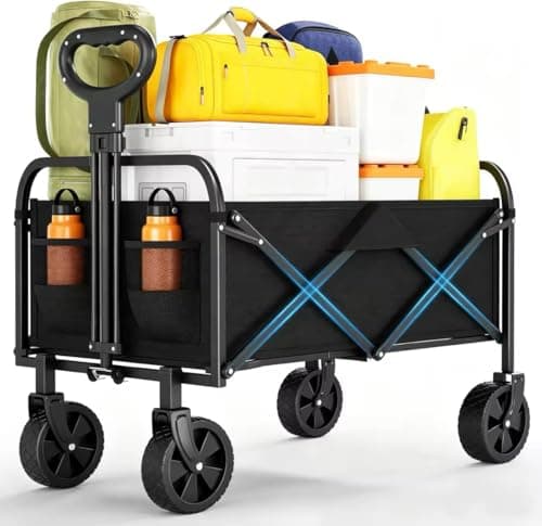 Image of Festival Trolley on Wheels, 220L/172kg Folding Collapsible Wagon Trolley, Portable Camping Cart with 360° All-Terrain Wheels and Adjustable Handle & Side Pocket for Garden Trolley, Shopping Trolley