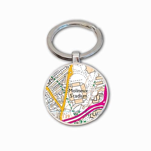 Image of Wolves Stadium Key Ring, Molineux Stadium Key Chain, Football Map Key Fob, Wolves Ground Keyring, Wolves Soccer Ground Map Key Ring, Wolves Football Club Gift